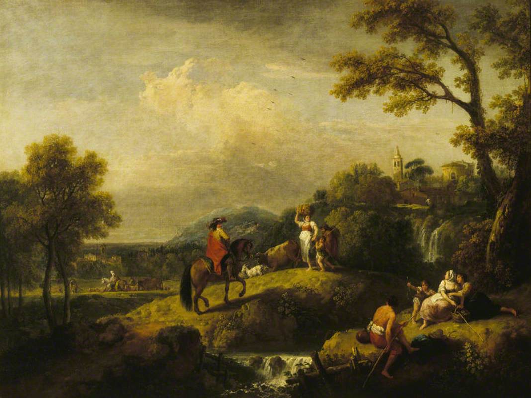 An Italian Landscape with Figures by a Waterfall and a Man on Horseback