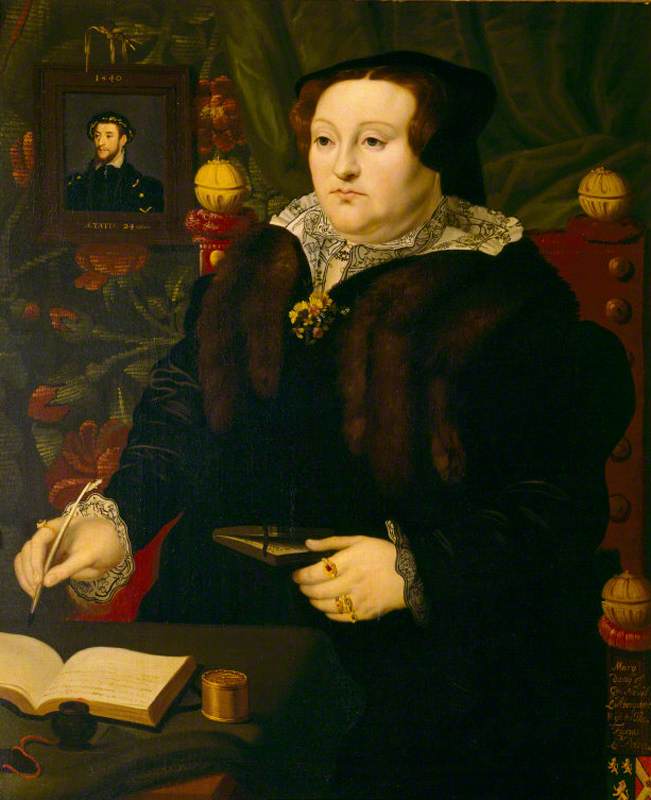 Mary Neville (1524–c.1576), Lady Dacre, with a Portrait of Her First Husband, Thomas Fiennes (1515–1541), 9th Lord Dacre
