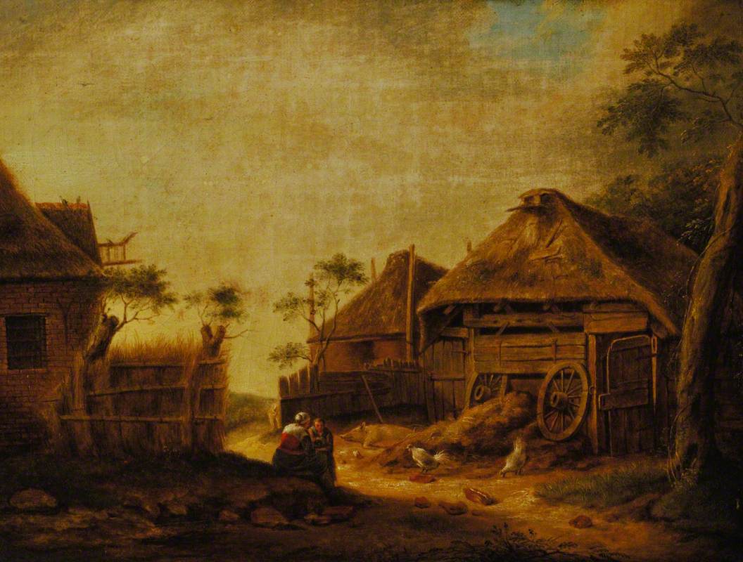 A Farmyard Scene with a Woman and a Girl Seated