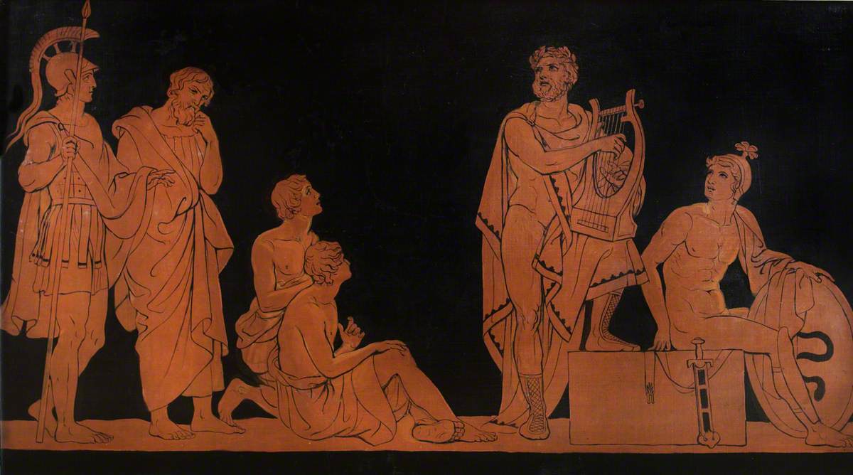 Set of Allegorical Painted Panels: Classical Scene with Warriors and Other Figures, Possibly Ares