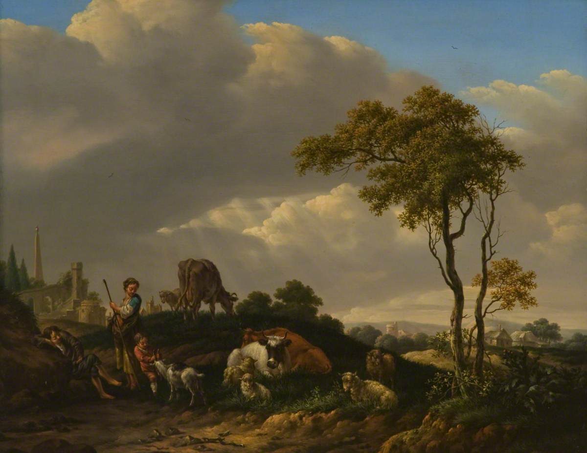 Children with Sheep, Cattle and Goats Resting near a Town