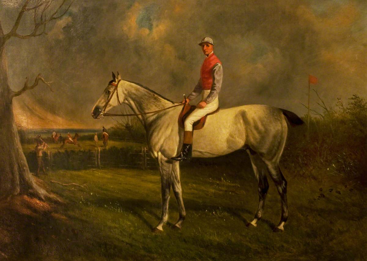 'Scot Guard', a Grey, with Jockey Up in a Landscape