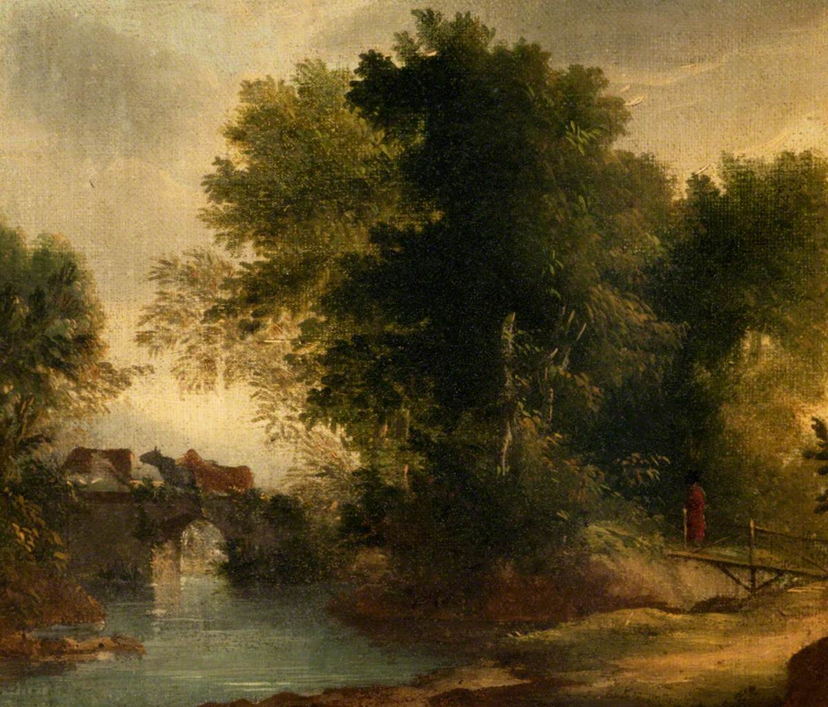 A Wooded River Landscape with a Bridge