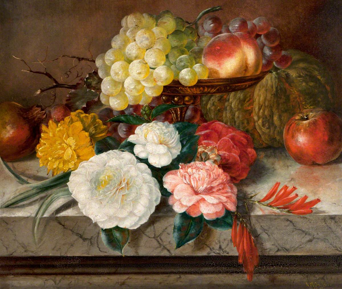 Flowers and Fruit on a Marble Ledge