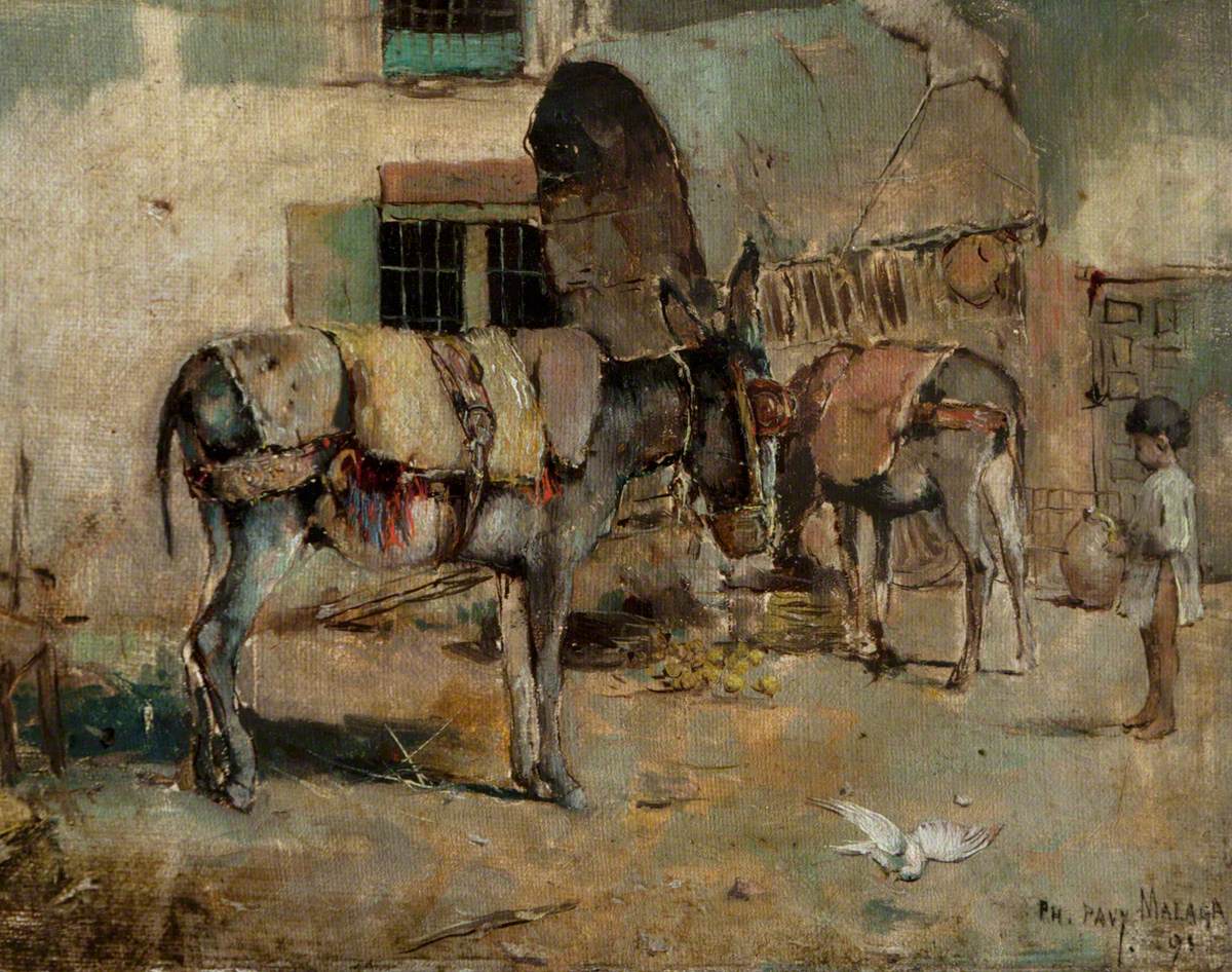 A Street Scene in Malaga with Child and Donkeys