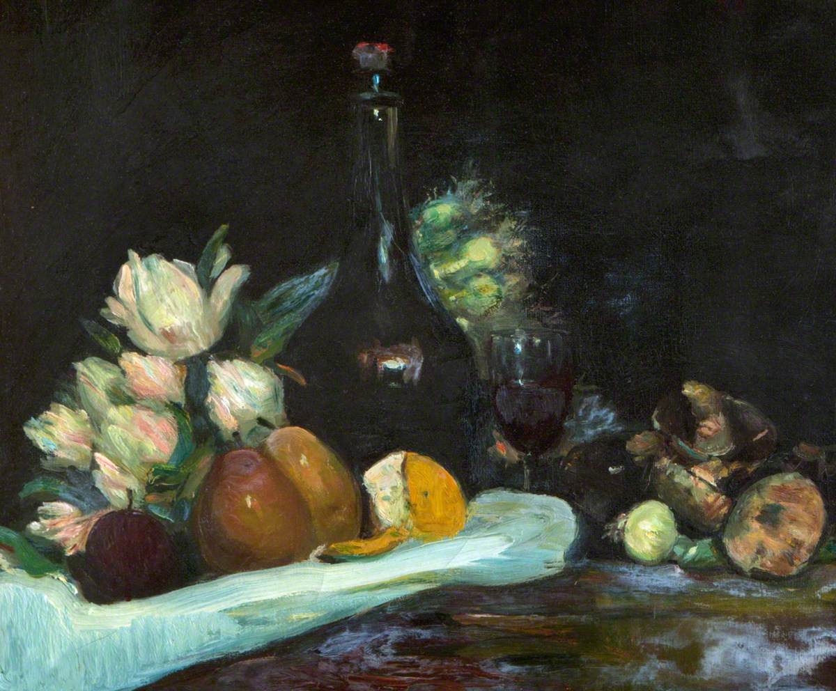 Still Life with Wine Bottle, Glass, Fruit and Flowers