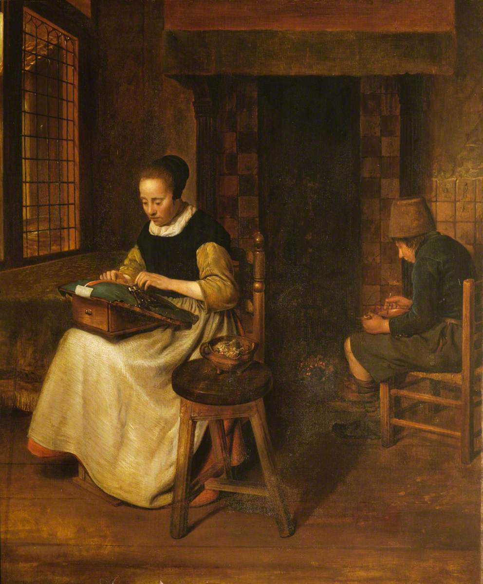 A Girl Lacemaking and a Youth Eating in an Interior