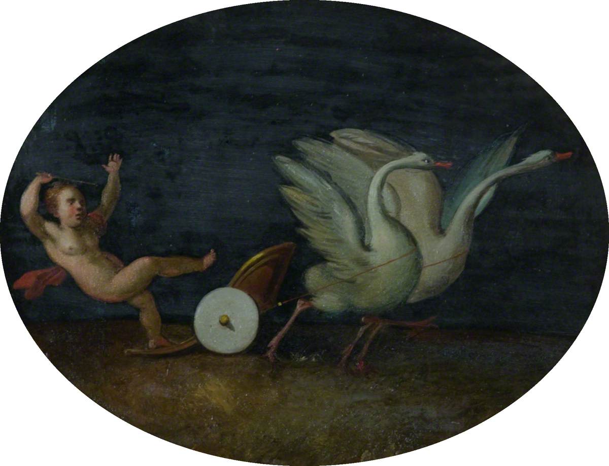 Putto Falling Off a Chariot Pulled by Two Swans