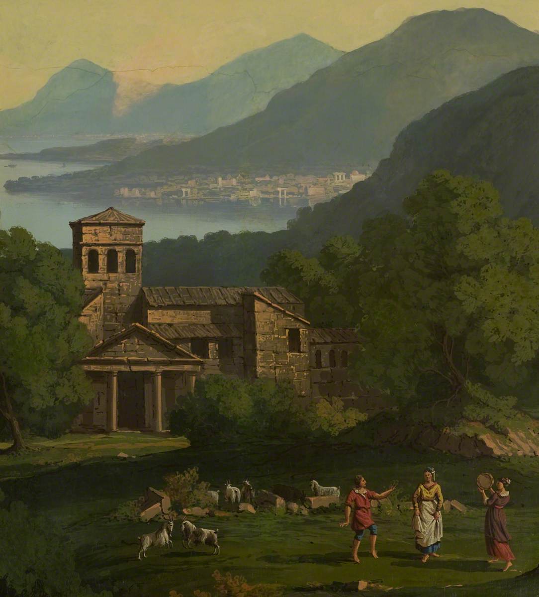 Landscape with a Classical Building, Town, Lake and Mountains