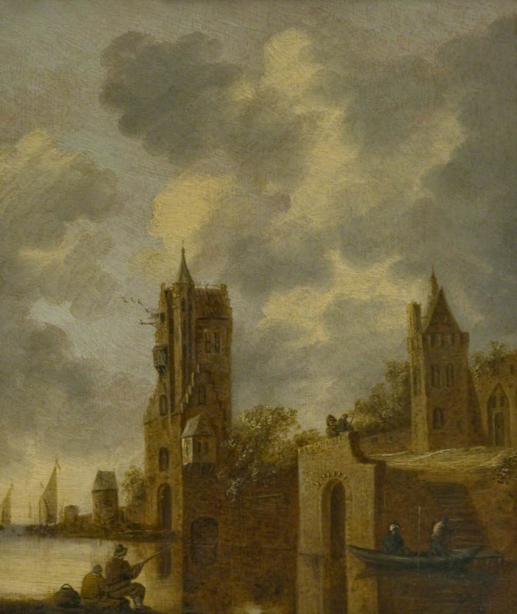 A Town Wall by a River with Figures