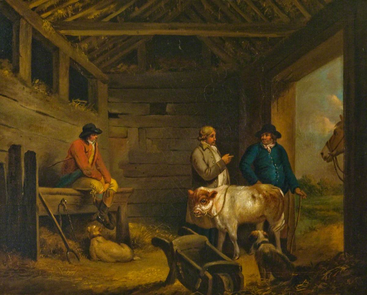 A Barn with Three Men and a Calf