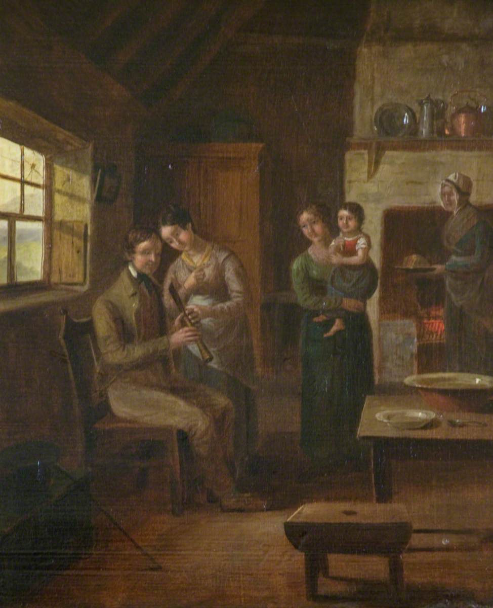A Seated Man Holding a Chanter and Family in an Interior