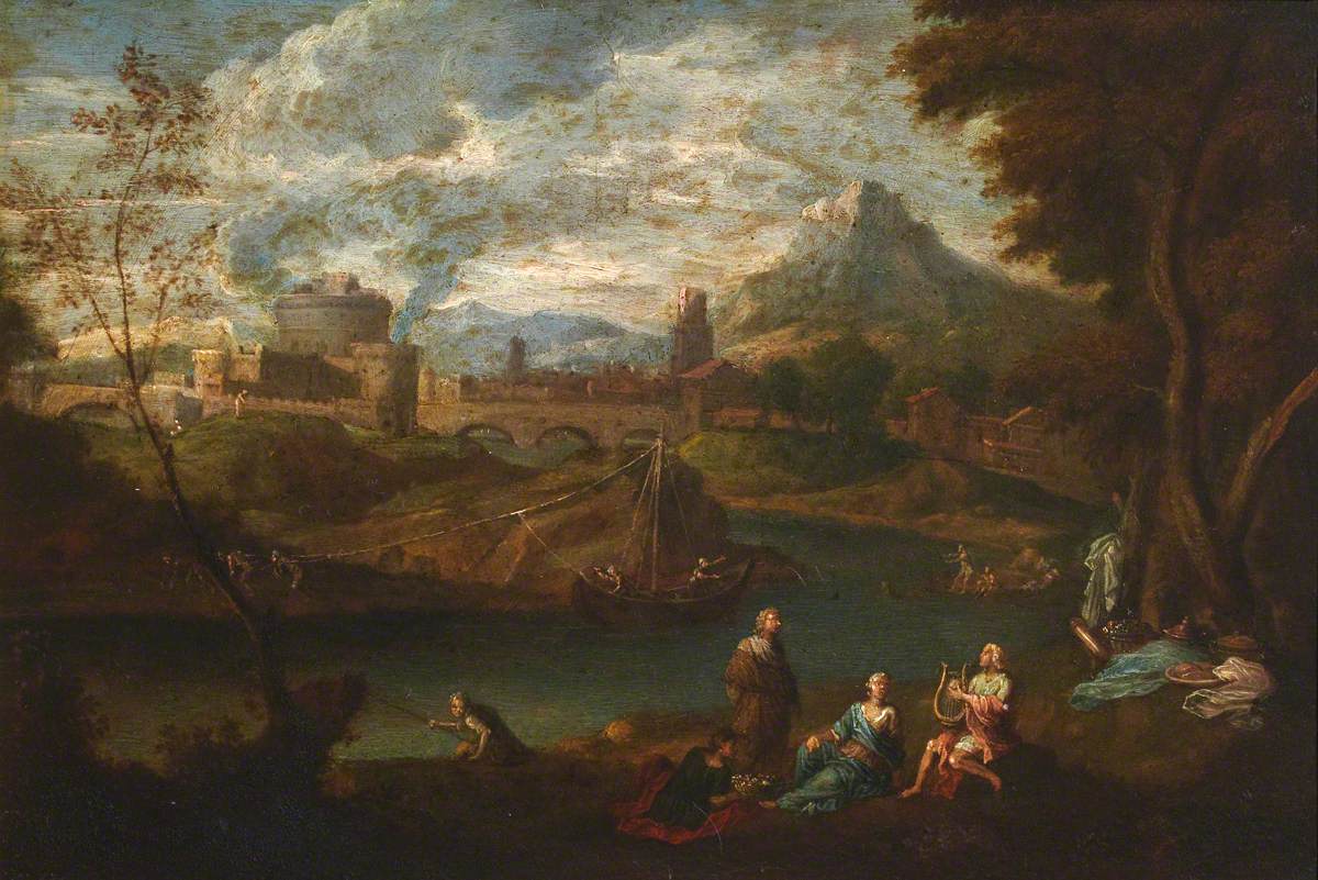 Italian Landscape with Figures and a Distant View of a Castle and Town