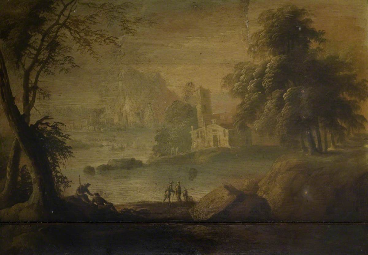 River Landscape with Buildings and Figures