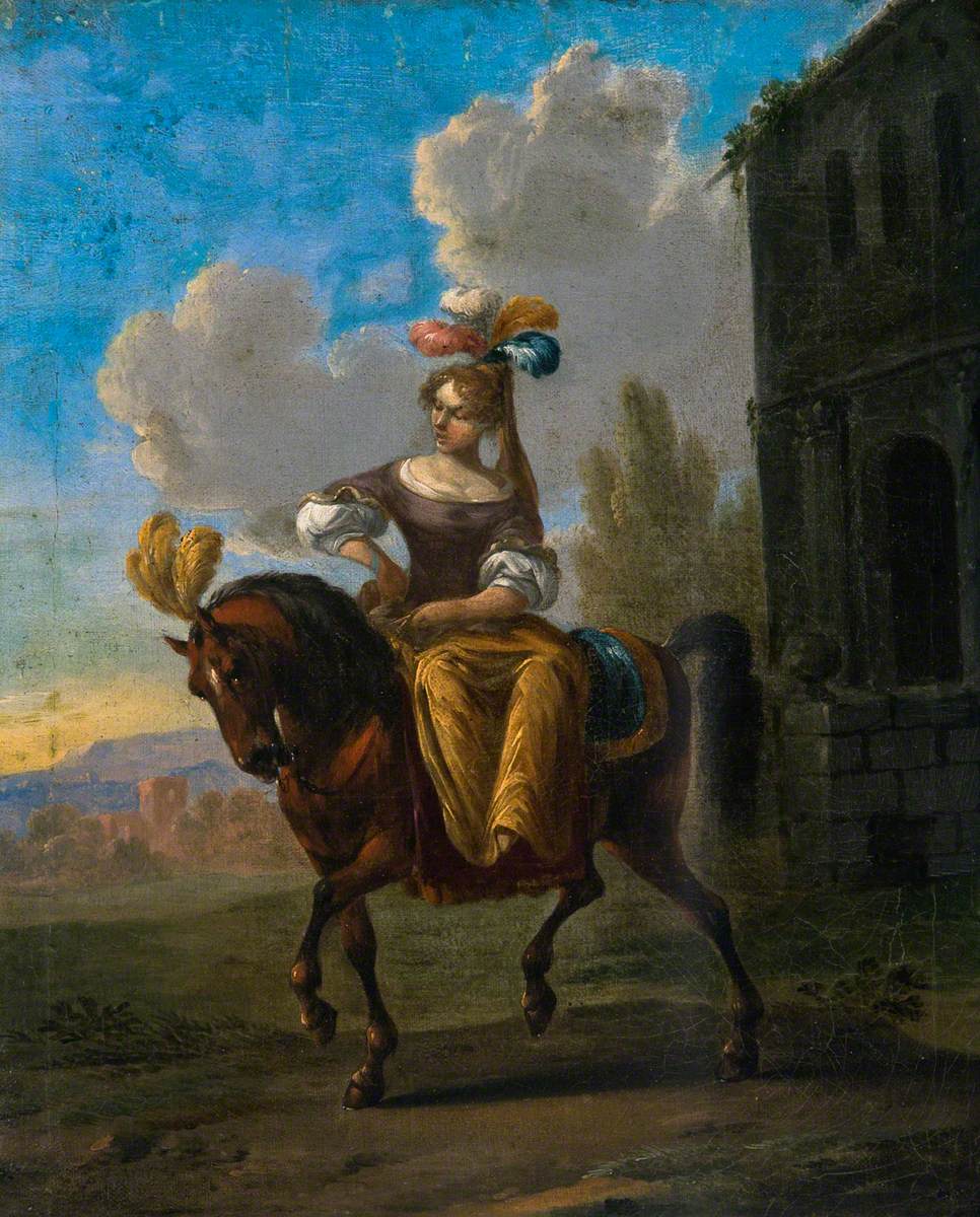 A Woman Sitting Side-Saddle on a Plumed Horse