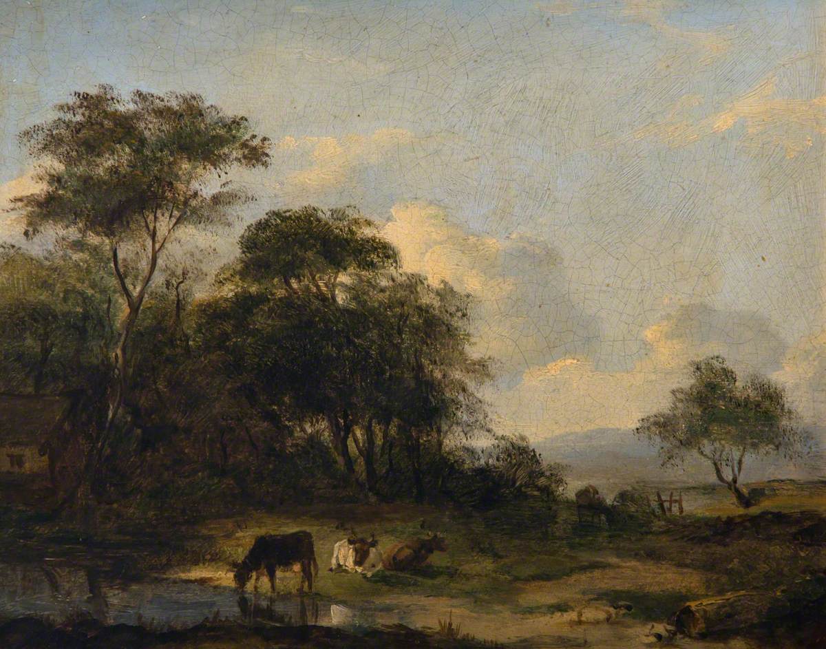 A Wooded Landscape with Cattle Watering