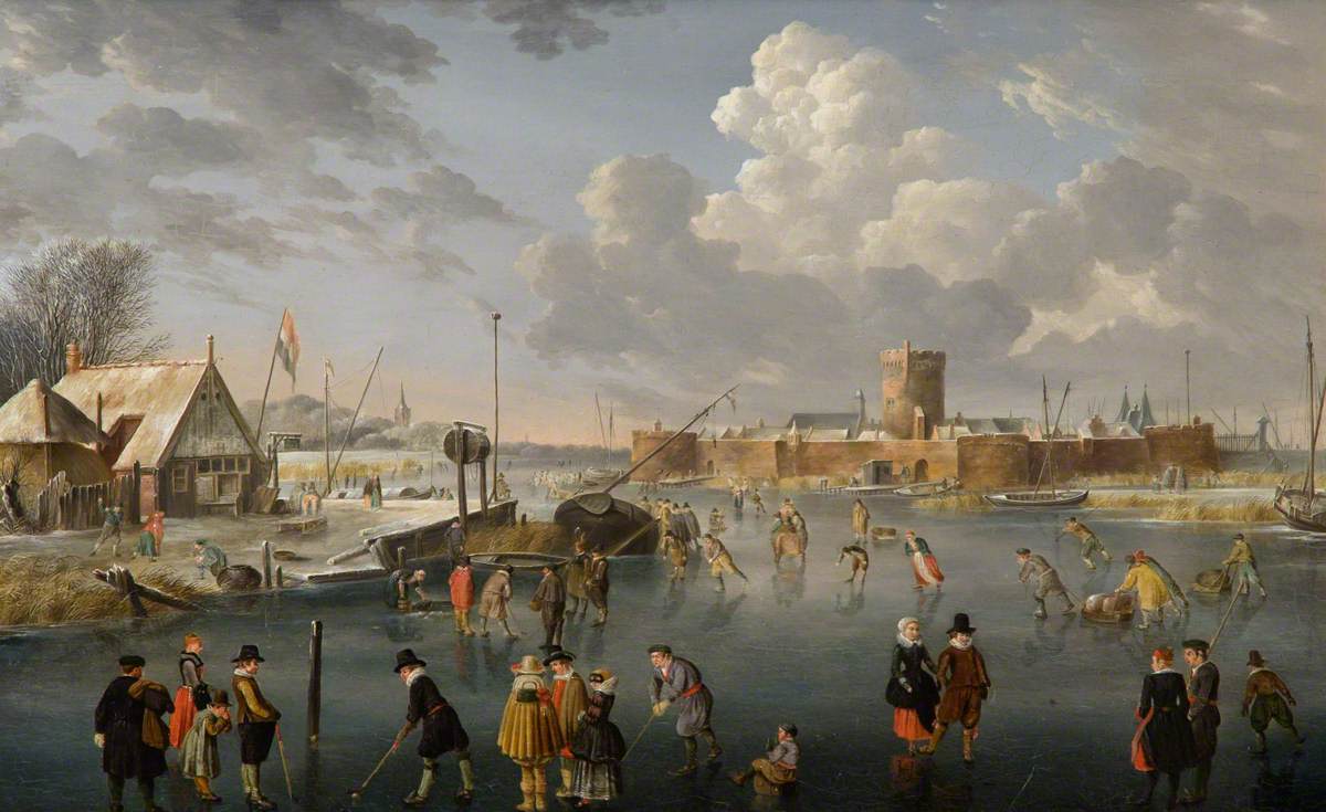 Winter Landscape with Skaters on a River near a Town