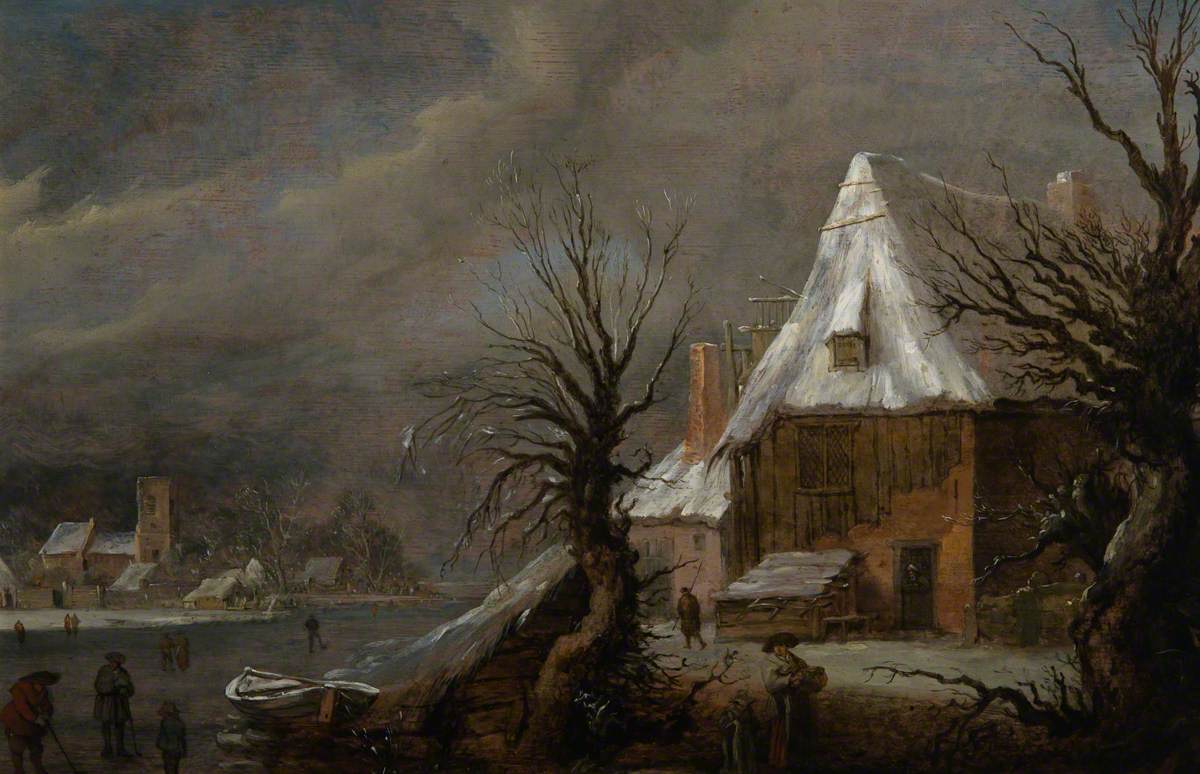 Winter Landscape with a River, Cottage and Village Beyond
