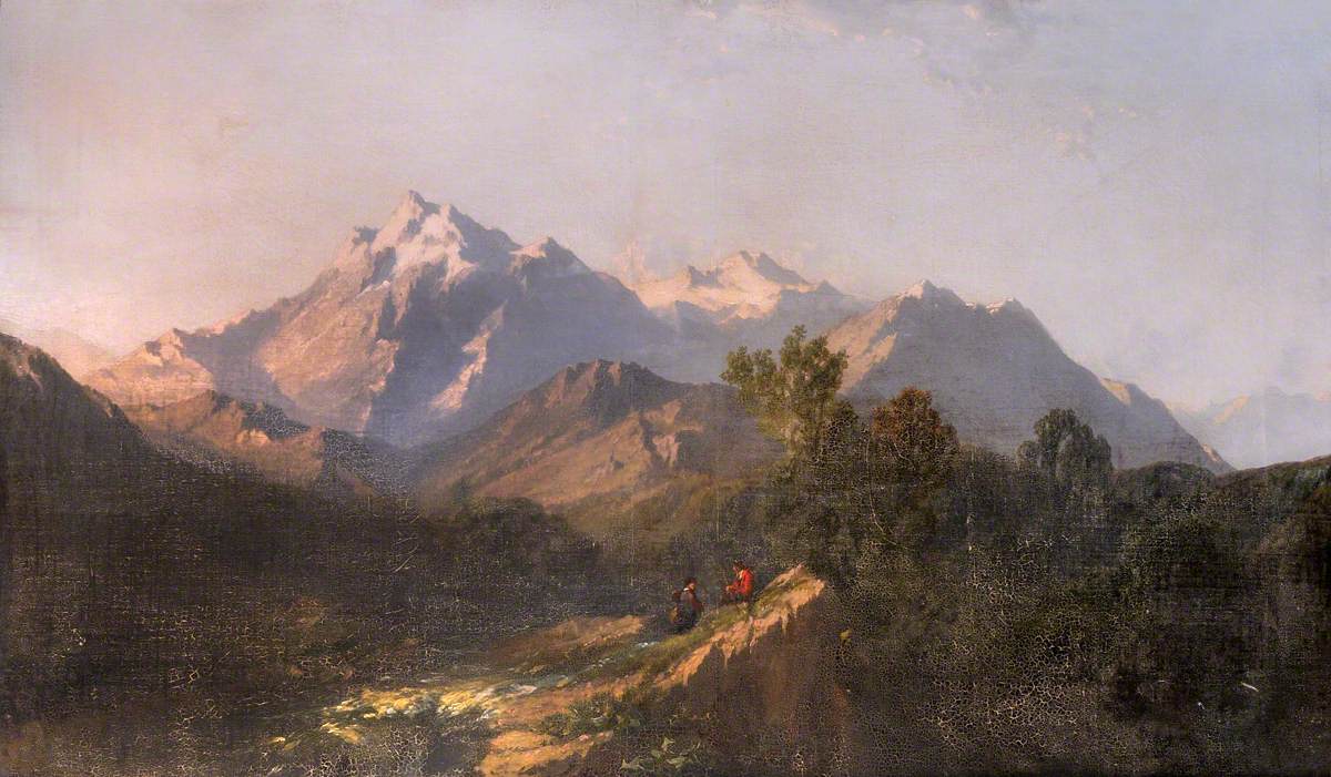Mountains with Two Figures Seated on Sloping Rock