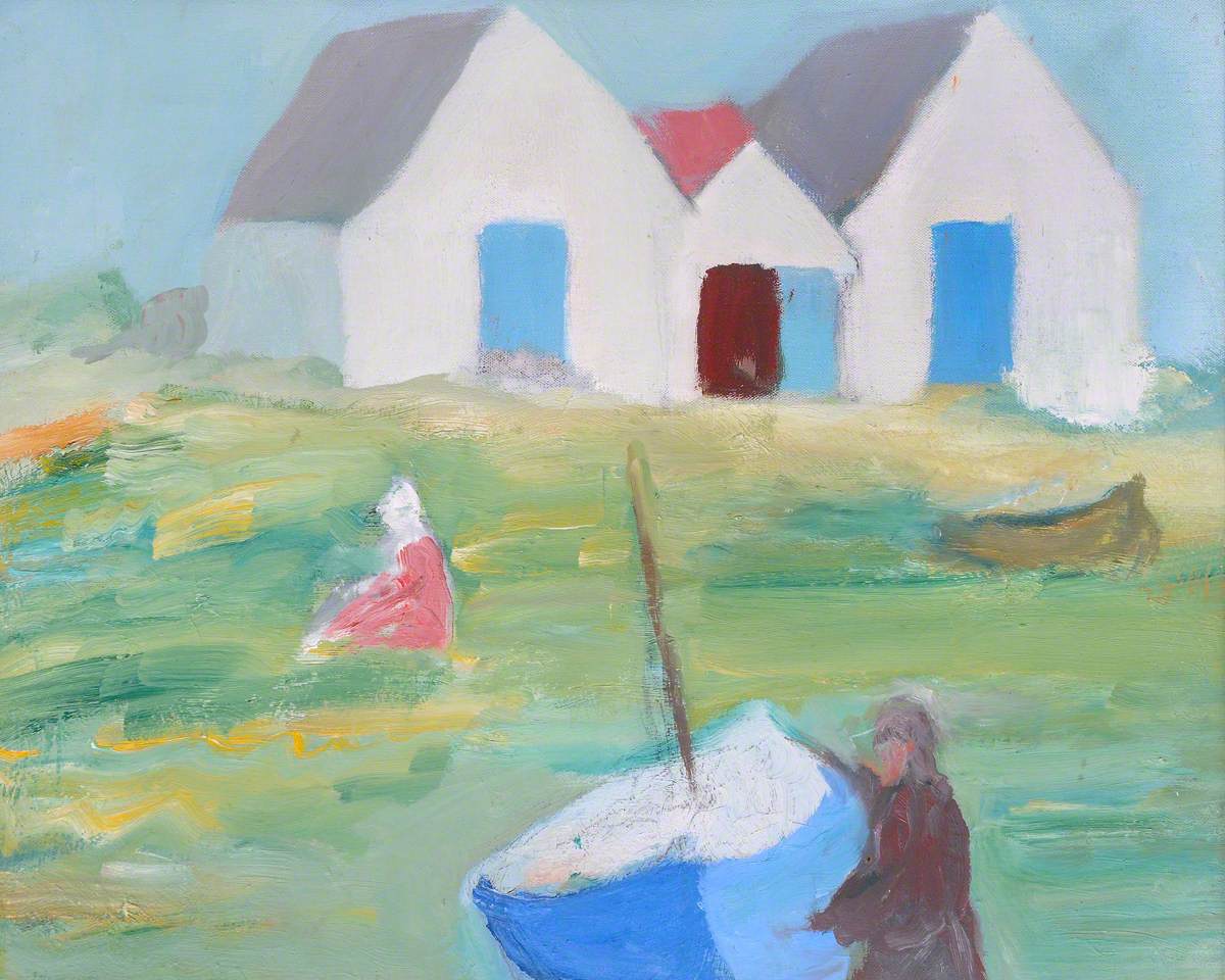 Two Figures, Boat and Three Buildings