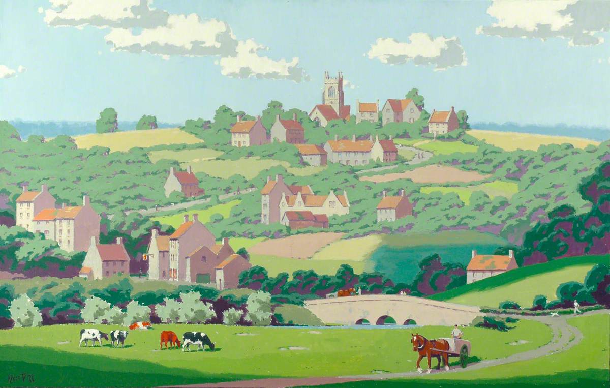 Cows Grazing with Church and Houses on a Hill in the Background, Somerset
