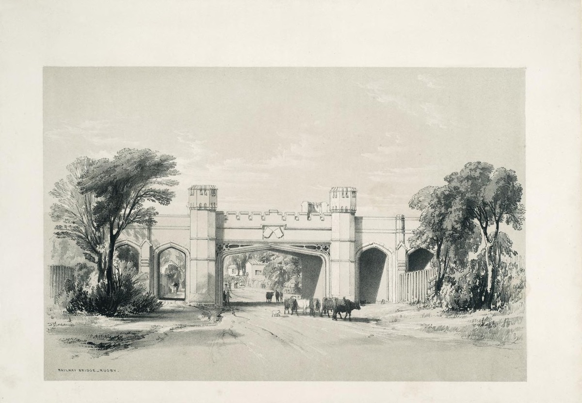 Lithograph  'Railway Bridge, Rugby', by J C Bourne, c 1839