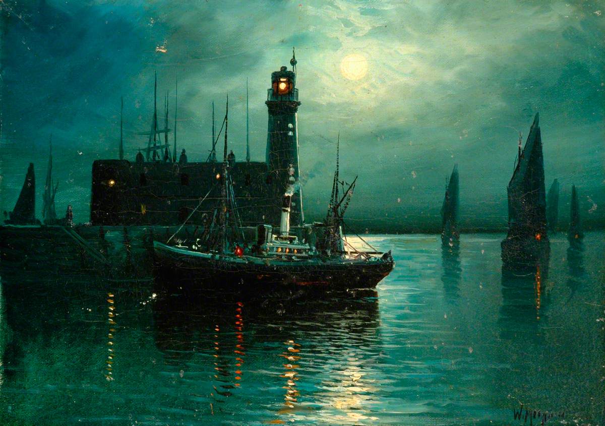 Scarborough Lighthouse At Night With Full Moon Art Uk