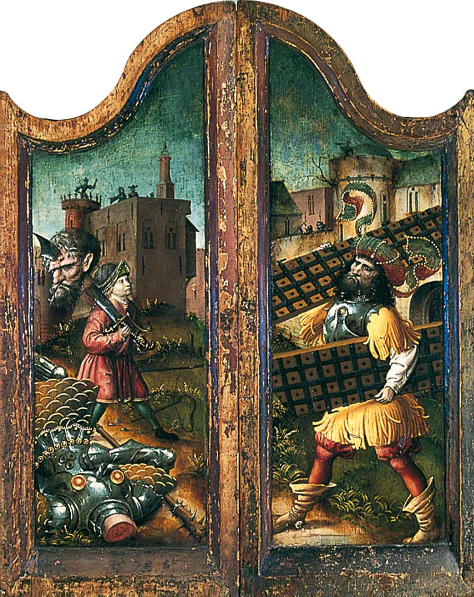 David Carrying Goliath’s Head on His Sword (outer left wing of triptych), Samson Striding out of Gaza with the City Gates in His Hands (outer right wing of triptych)