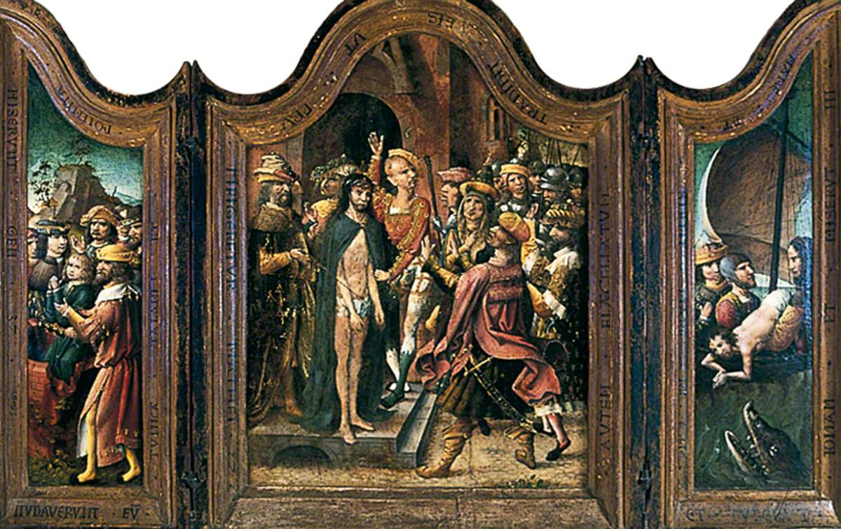 Christ Stands before His Judges (centre panel of triptych), the Praying Joseph is Lowered into the Well: His Brothers Stand around (left wing of triptych), Jonah is Thrown into the Sea: The Whale's Head Rises out of the Waves (right wing of triptych)