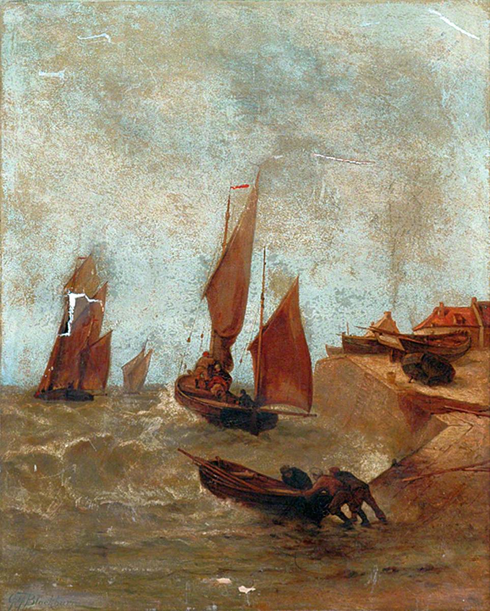 Harbour Scene with Sailing Boats and Ship Setting Out
