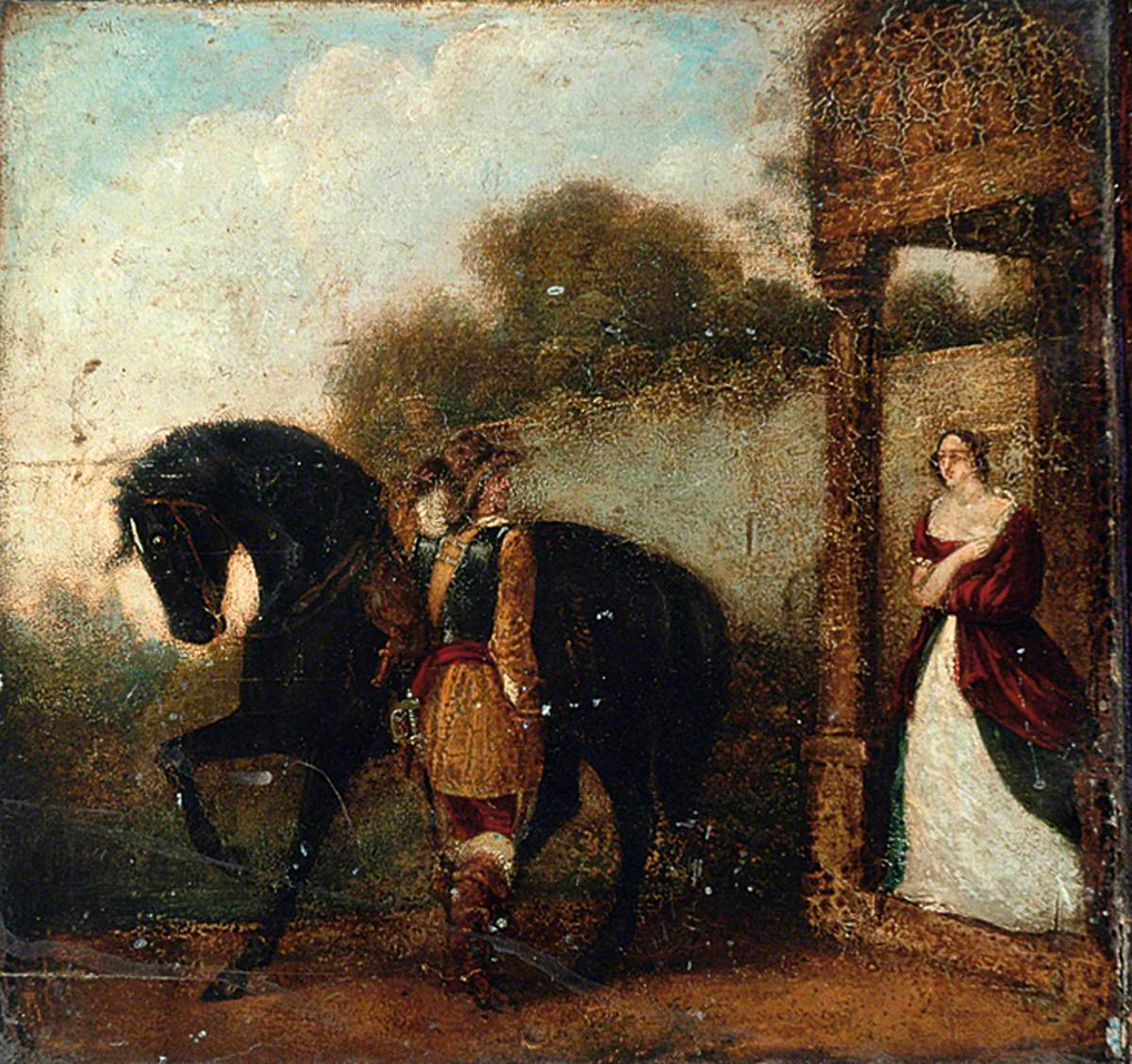 Cavalier with His Mount with a Woman Looking on