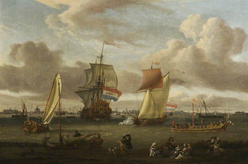 View of the Harbour of Amsterdam with Numerous Sailing Vessels and Small Craft Escorting the Stadtholder's Ship with Figures Promenading and Discoursing in the Foreground