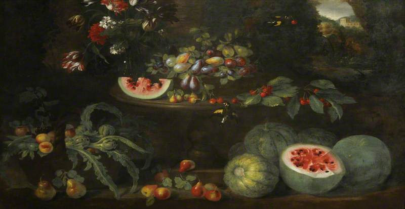 Still Life with Fruit and Flowers in a Landscape around a Sculptured Stone Table