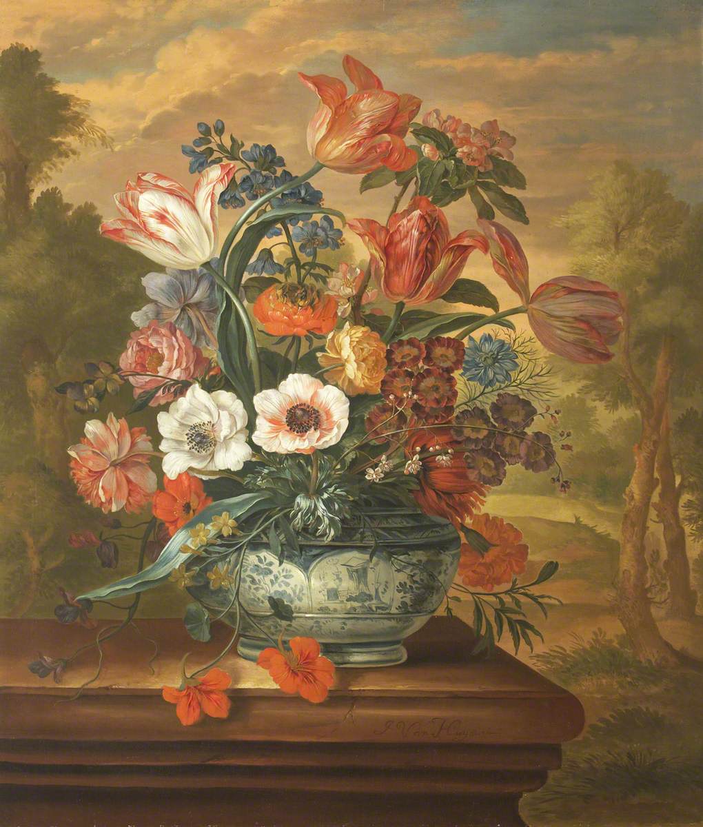 A Delftware Vase of Tulips, Anemones, Roses, and Other Flowers on a Stone Ledge in a Landscape