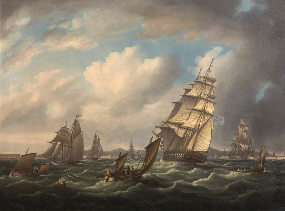 A British Frigate Running into a Fortified Naval Port, amid Other Shipping