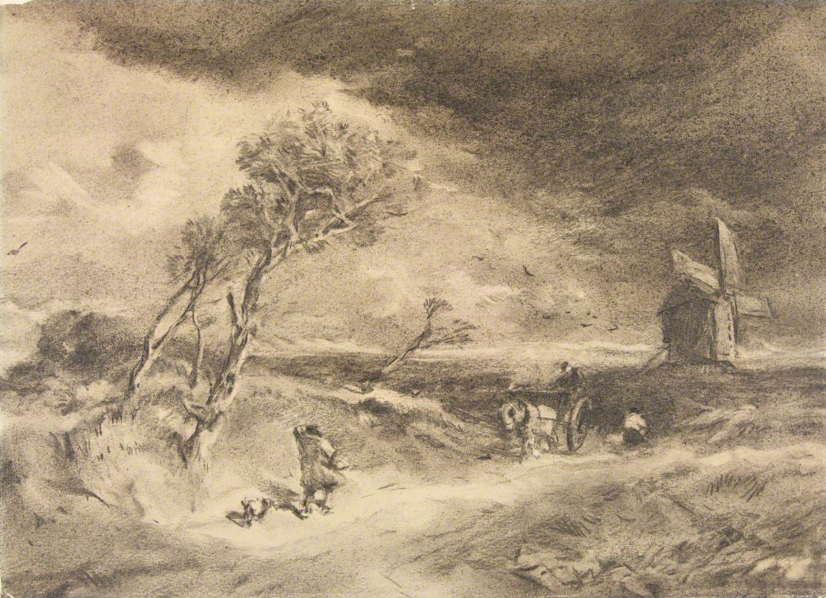 A Windy Day with a Windmill, Figure and Dog