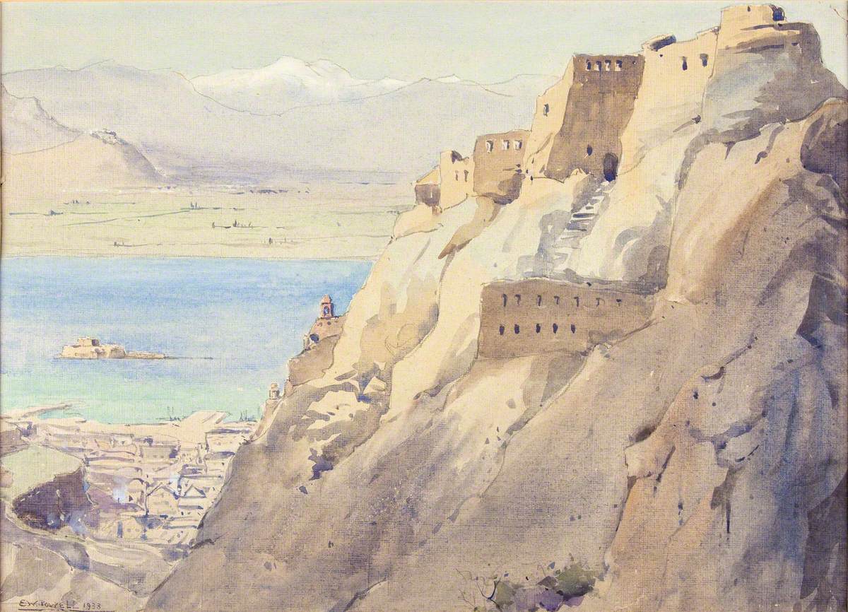 Cliffside Fortress with Mountainous Landscape and Village Below