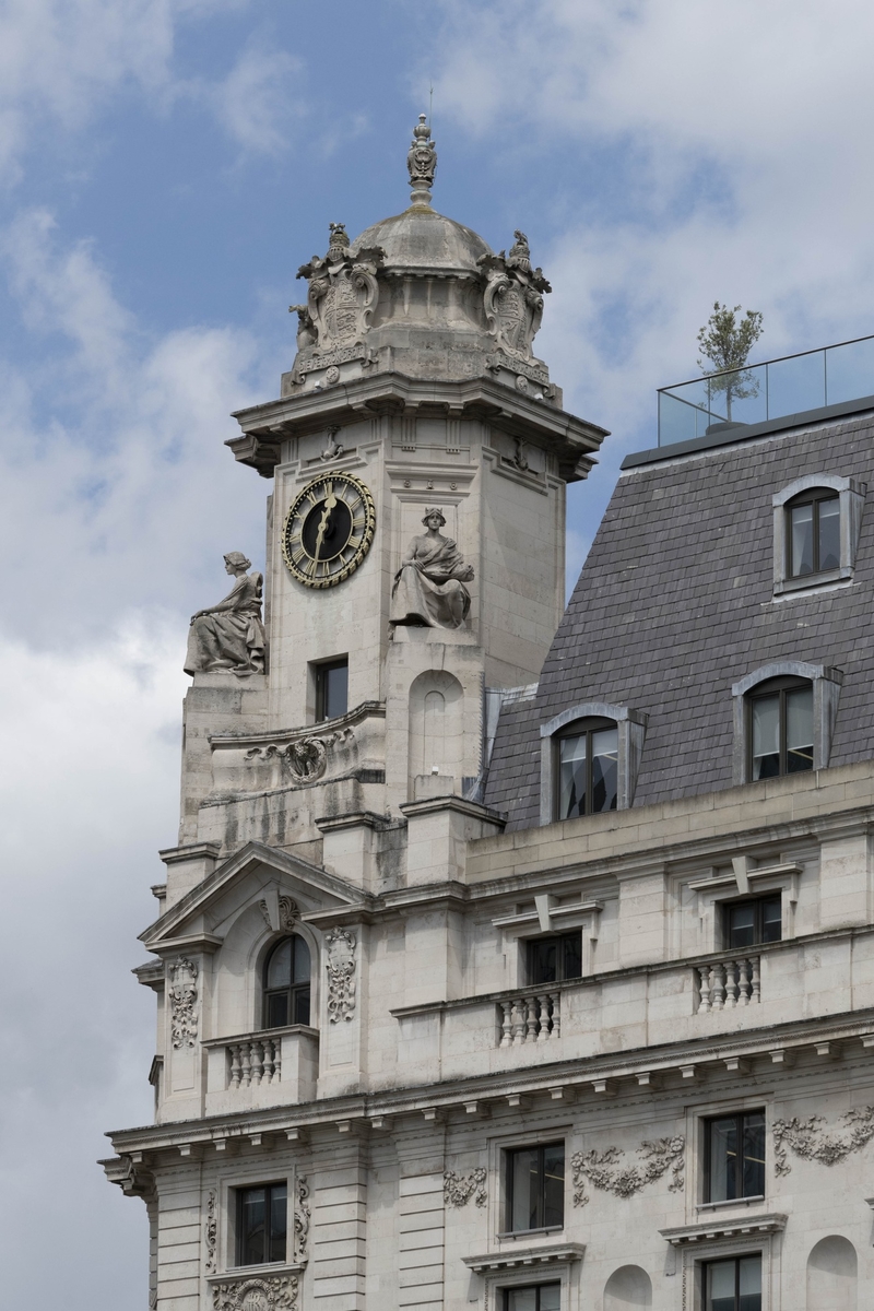 Clock Tower with Allegorical Figures and Heraldic Crest