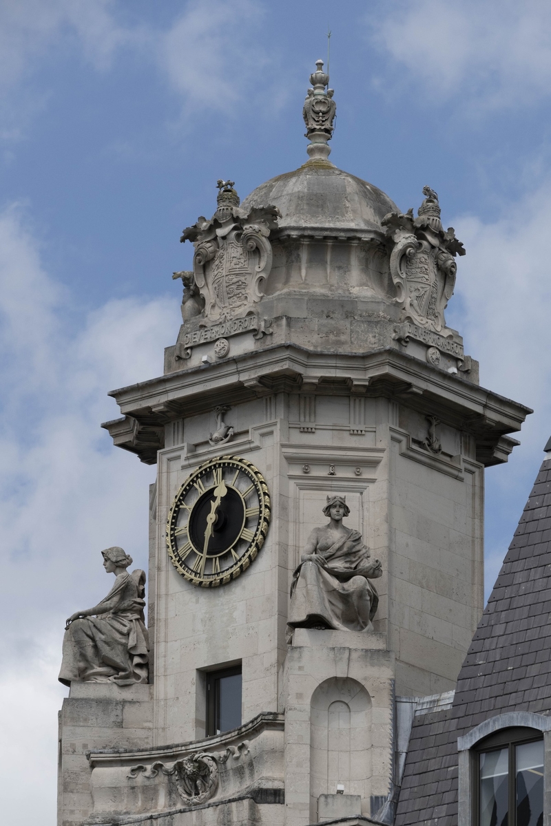 Clock Tower with Allegorical Figures and Heraldic Crest