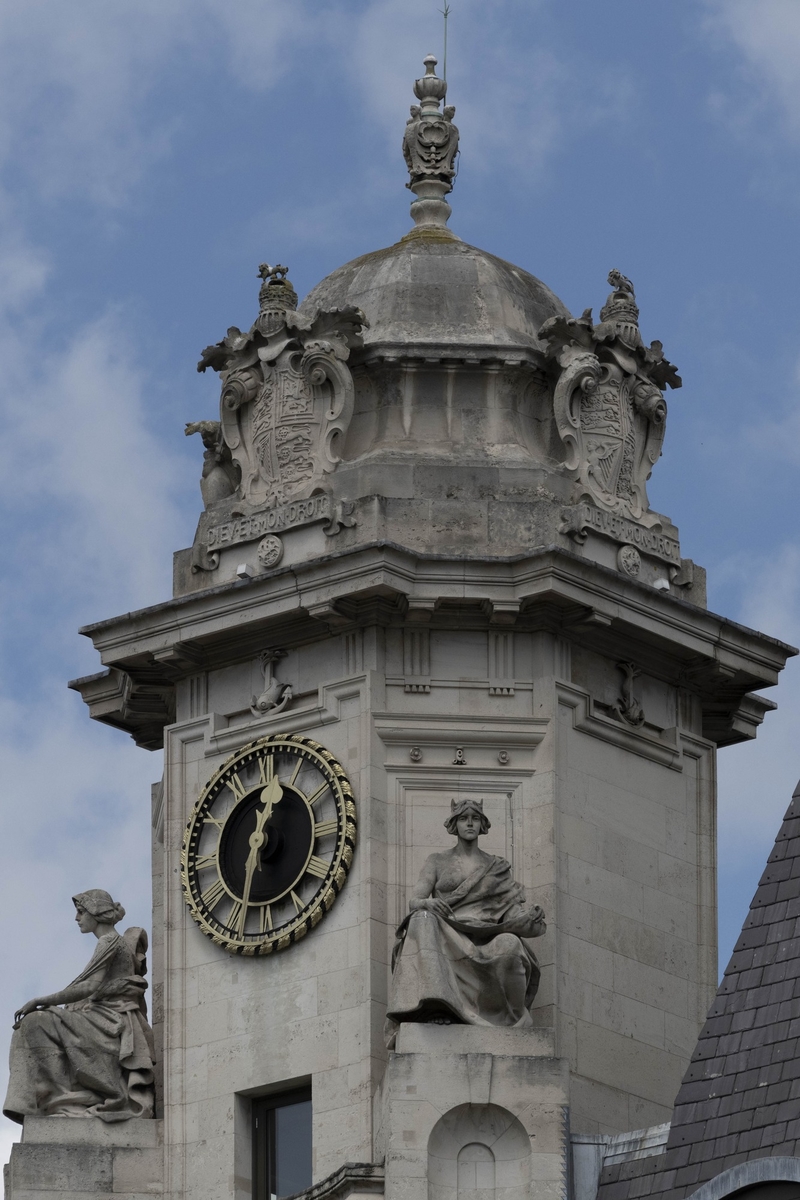 Clock Tower with Allegorical Figures and Heraldic Crest