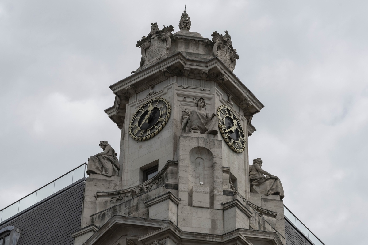 Clock Tower with Allegorical Figures and Heraldic Crest