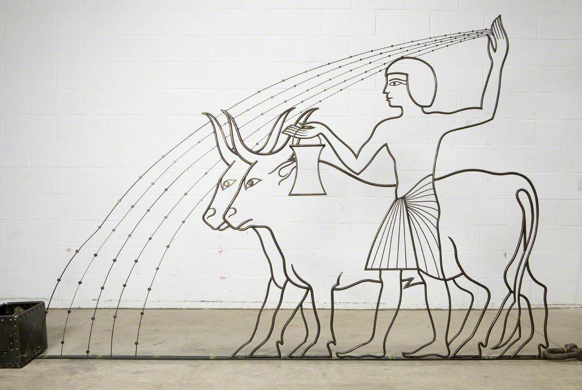 Egyptian Agriculture: Two Oxen and an Egyptian Man Holding a Bucket and Broadcasting Seeds