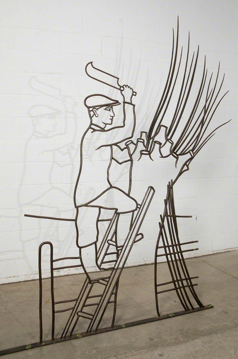 Man in a Hat on a Ladder, Cropping a Tree