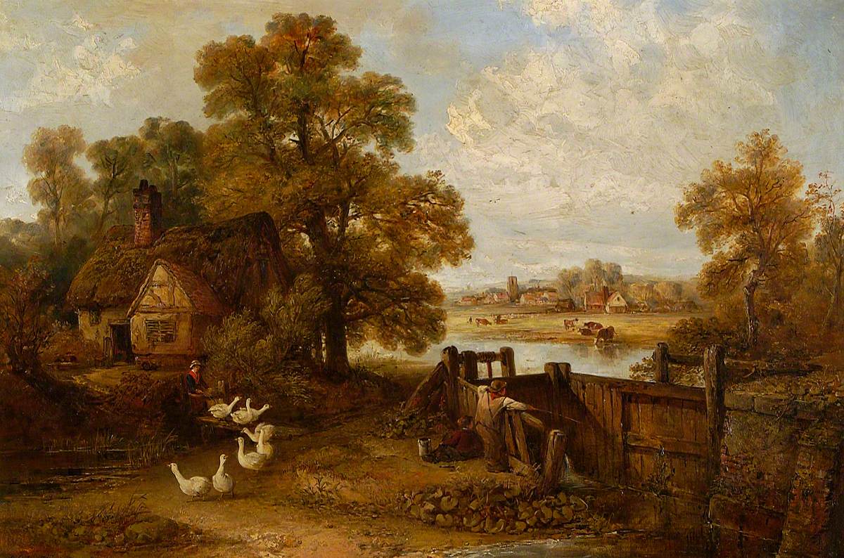 Suffolk Scene, a Cottage and Some Geese