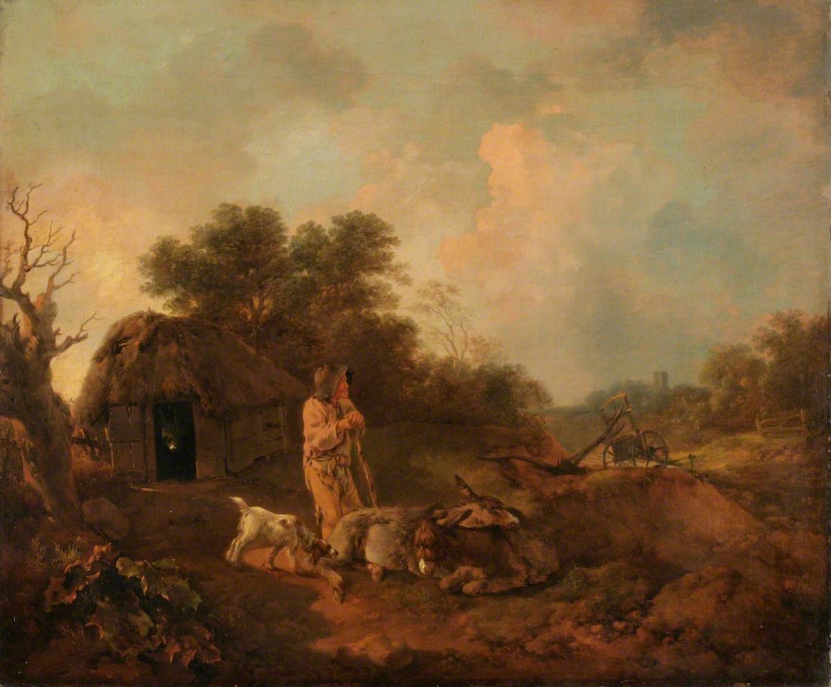 Wooded Landscape with Old Peasant and Donkeys outside a Barn, Ploughshare and Distant Church