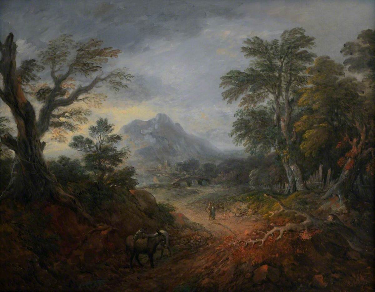 Wooded Landscape with Figures, Bridge, Donkeys, Distant Buildings and Mountain