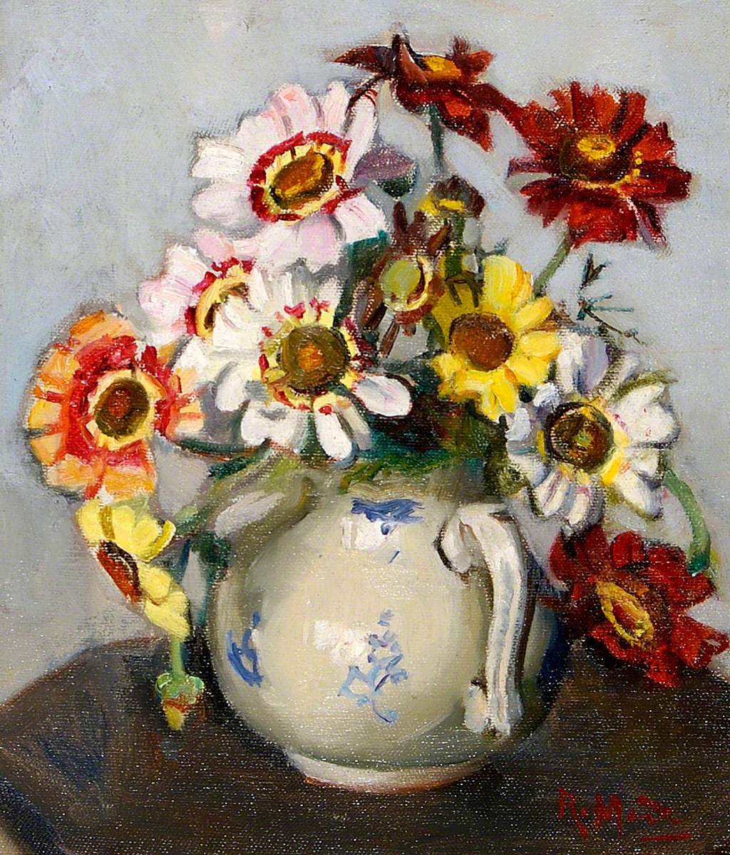 Summer Chrysanthemums in a Blue-Flowered Jug