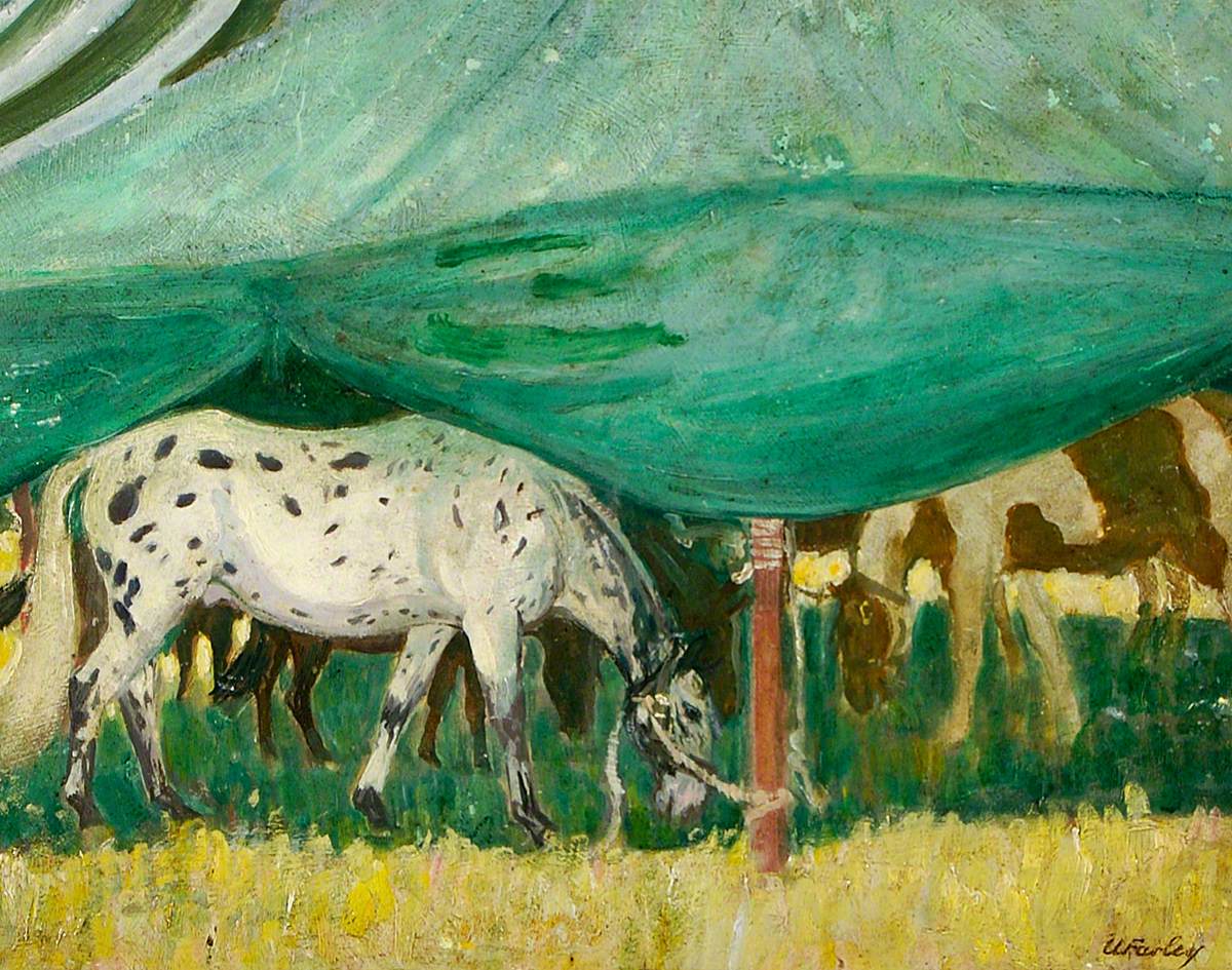 Two Tethered Horses Grazing underneath a Tent