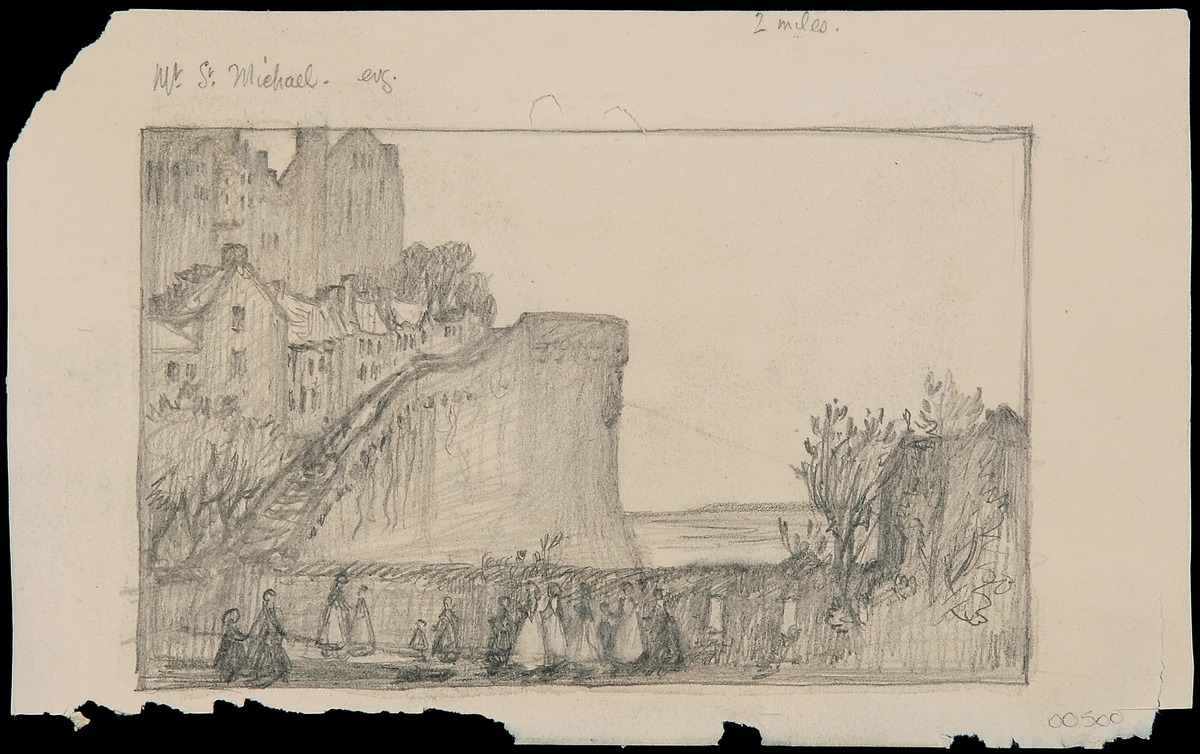Depictions of a Distant View of the Town and Cathedral of Coutances from the North West and the Ramparts of Mont St Michel, France