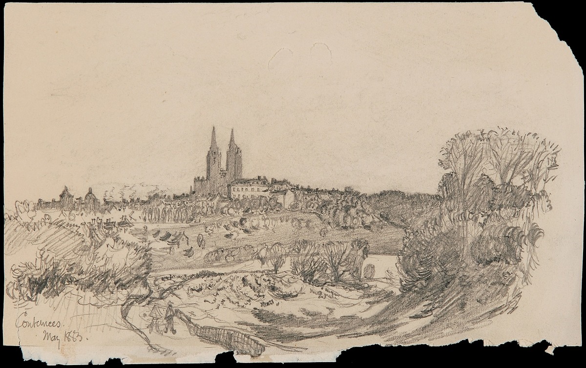 Depictions of a Distant View of the Town and Cathedral of Coutances from the North West and the Ramparts of Mont St Michel, France